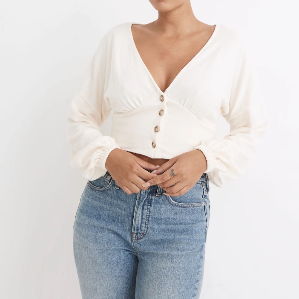 Madewell Deep-V Button-Front Crop Top - Long Sleeved Antique Cream
